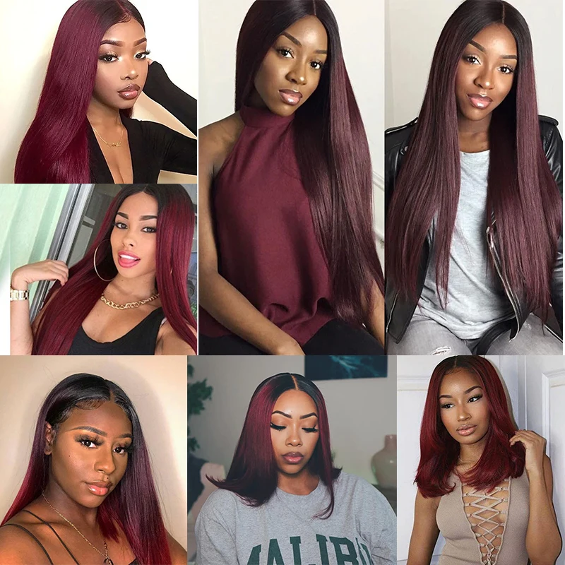 99J/Burgundy Bundel Rambut Manusia Lurus Brasil dengan Depan 13X4 SOKU Ombre Bundel Jalinan Rambut Merah dengan Penutupan Rambut Remy