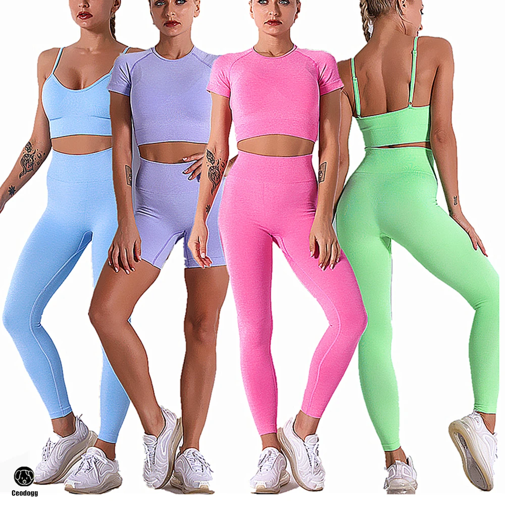 QK Seamless Women Yoga Set Short Sleeve Crop Top Tshirt Bra Squat Proof Leggings Sports Workout Outfit Fitness Wear ActiveSuit