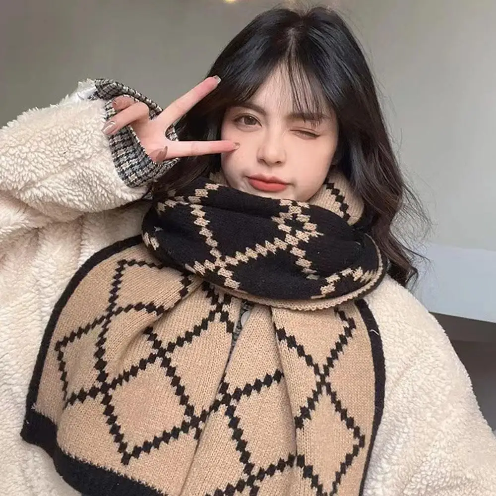 New Korean Style Plaid Knitted Scarf Winter Thicken Warm Wool Neck Warmer High Level Woolen Scarf For Students Luxury Scarf Wrap