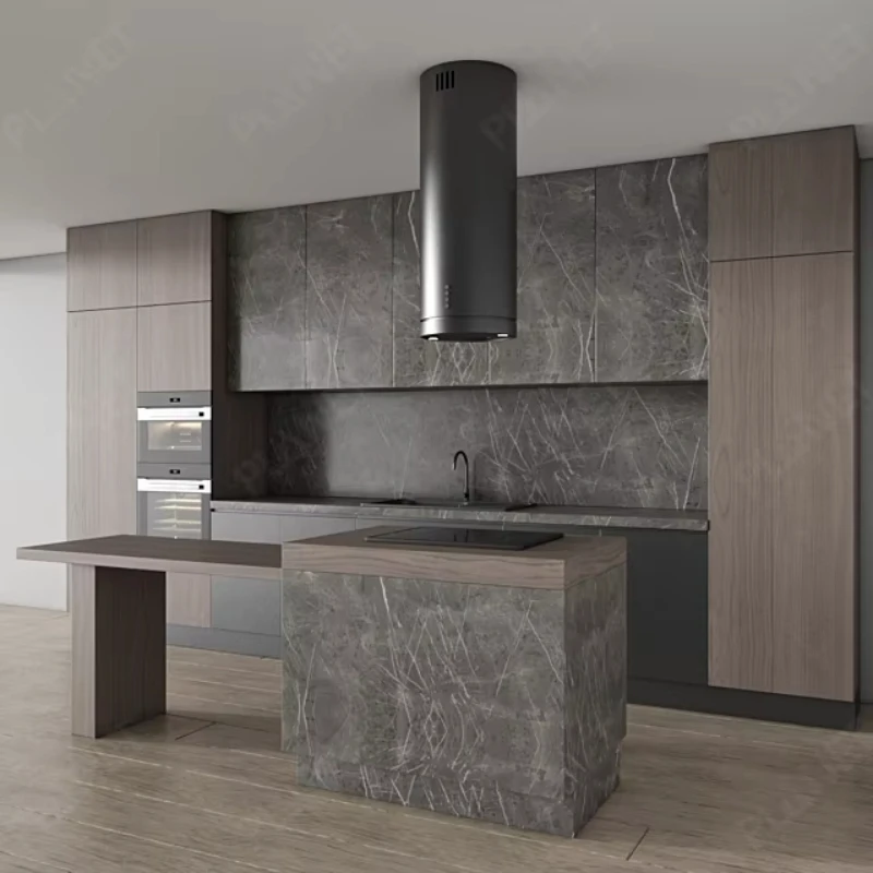 Custom Hidden Handle Design Matte Black Plywood Solid Wood Grain Modern Kitchen Locker