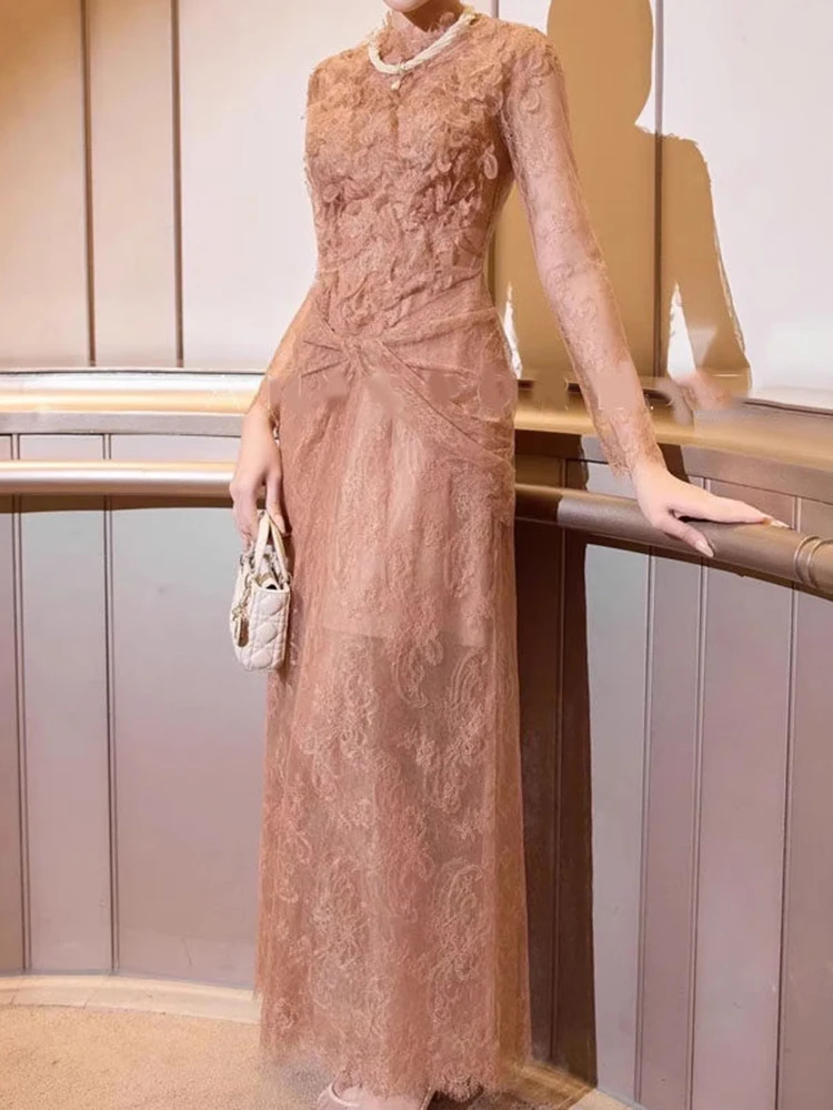 

Elegant Retro Lace Long Dresses Spring Women O Neck Long Sleeves Mesh Zipper Dress Autumn Female High Waist Knee Length Dress