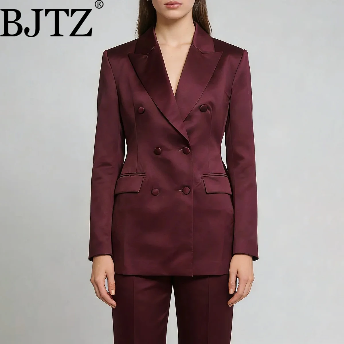 

BJTZ Slim Fit Double Breasted Blazer Women 2026 Minimalist Lapel Collar Long Sleeve Lightweight Spring Summer Chic