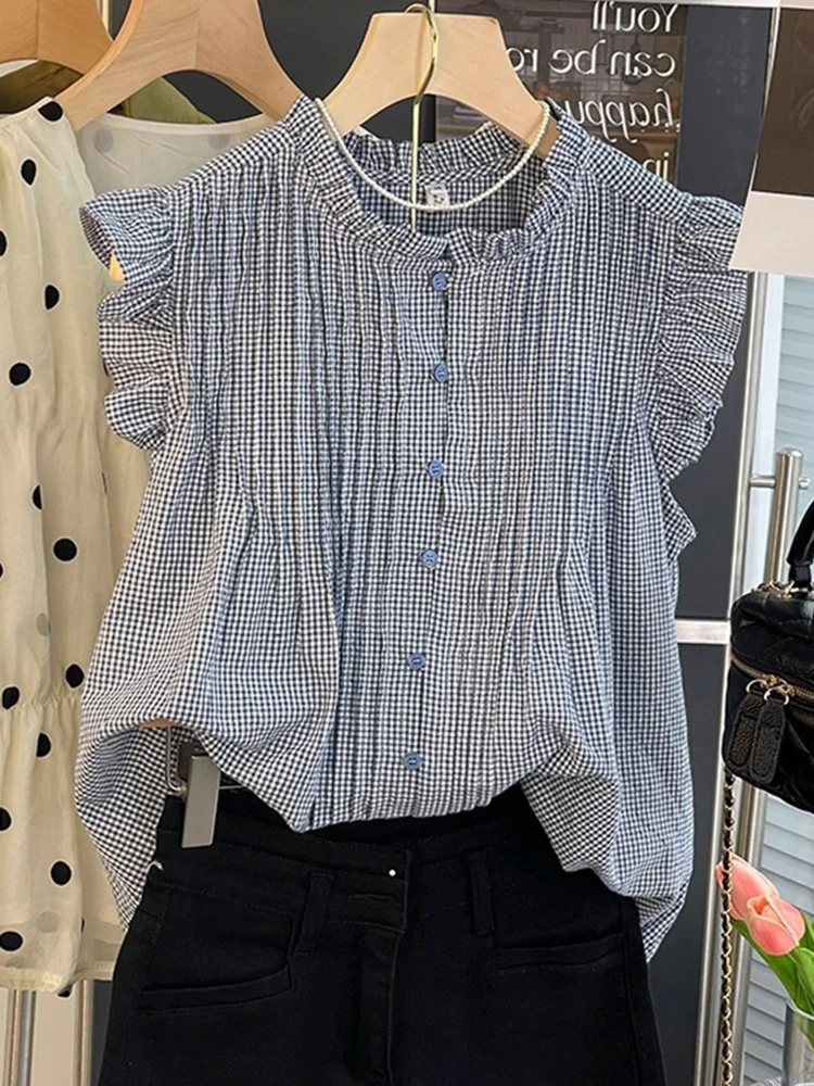 

Retro Blue Plaid Women's Summer Shirt Loose Doll Top Design Sensation Small Flying Sleeve Wooden Loose Korean Style