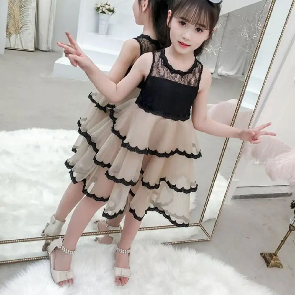 Elegant Sleeveless Girls Princess Dress Teens Party Summer Lace Dress Beach Vacation Sweet Children Mesh Dress Holiday
