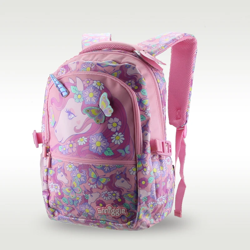 Smiggle Children\'s Schoolbag Girls Shoulder Backpack Pink Butterfly Unicorn Sweet Bag 7-12 Years 16 Inches