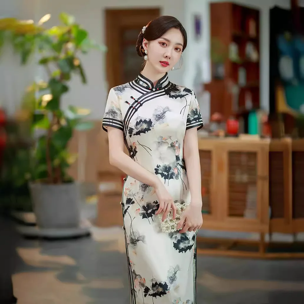 High Quality 2024 New Summer Improved Real Silk Cheongsam Qipao Women's Water Ad Ink Belly Covering Style Long Dress