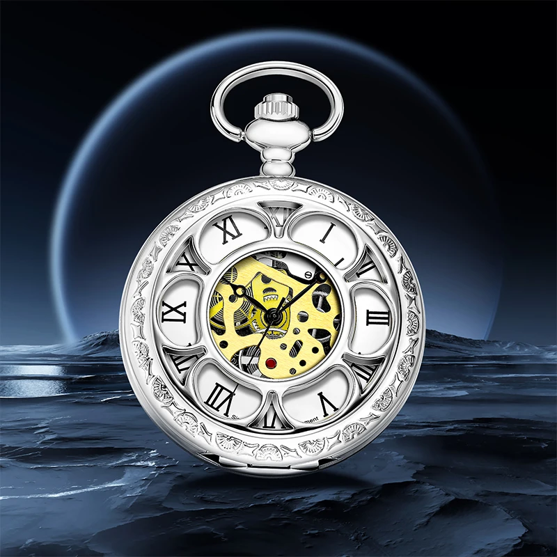 Round-fingered quartz pocket watch large fashion unique gold skeleton sunflower flip design with thickened chain suitable for al
