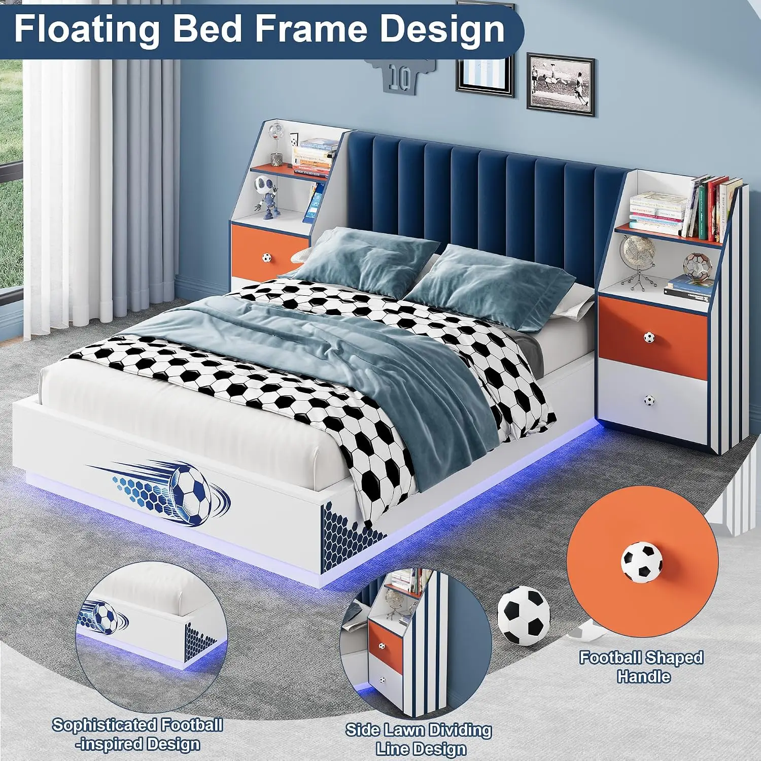 Full Size Floating Bed With Velvet Headboard, LED Lights, 2 Nightstands, Wood Slat, No Box Spring, White/Blue, Customized view 5