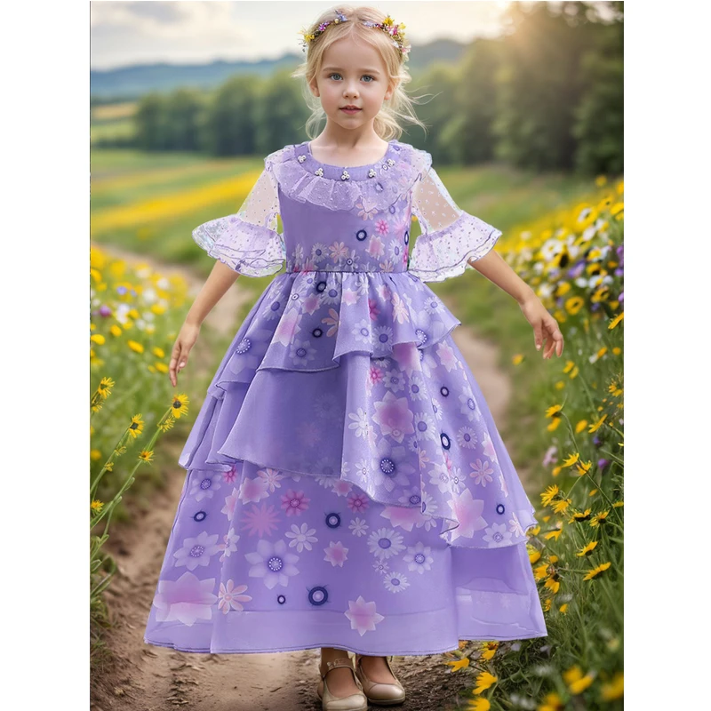 Girls Carnival Party Ball Gowns Elegant Flower Dress Kid Princess Dresses With Garland Children's Halloween Birthday Costumes