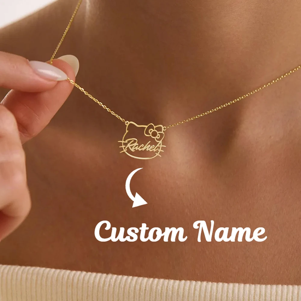 Custom Hello Kitty Name Necklace For Women Girls Cat Face Bow Stainless Steel Pendant Clavicle Personalization Birthday New Gift