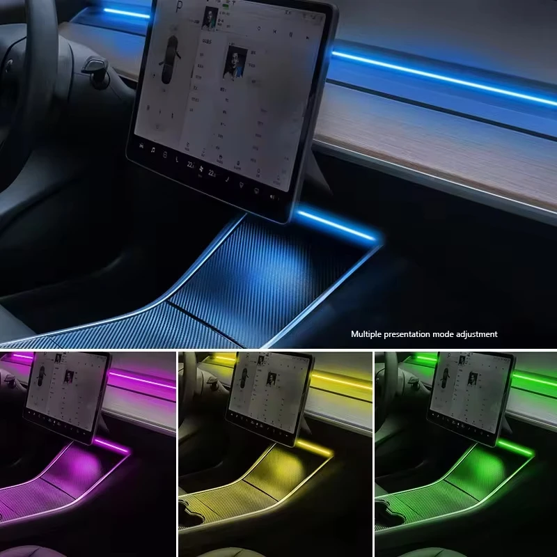 For Tesla Model 3/Y 2 IN 1 Dynamic Neon RGB Car LED Ambient Lighting 60s Automatic OFF Module Dashboard Lighting Decorative Lamp