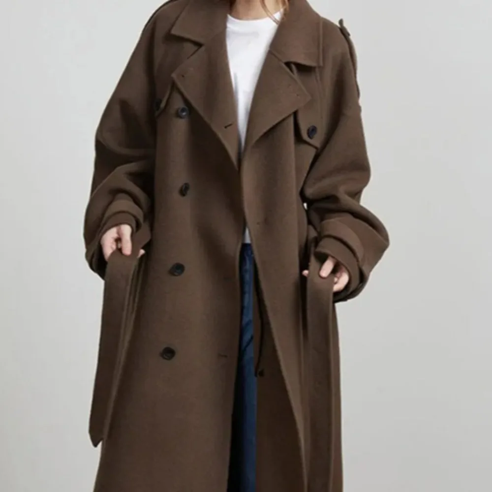 Frauen Mode Braun Woolen Mantel Zweireiher Langarm Revers Blends Jacke Herbst Winter High Street Winddicht Oberbekleidung