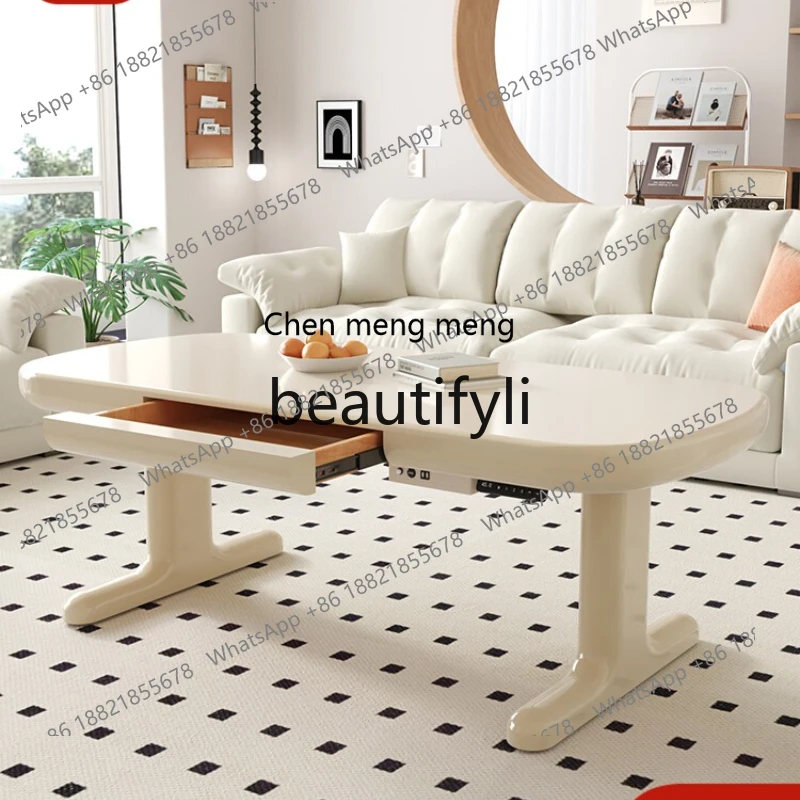 Movable lifting coffee table dining table dual-purpose two-in-one electric cream wind living room rock slab