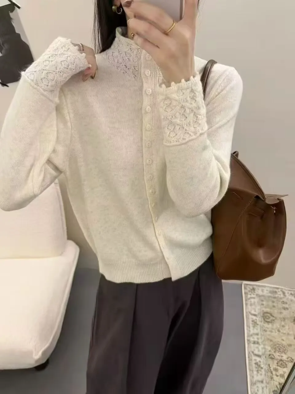 Cardigan en dentelle tricotée douce pour femme, Design fendu, coupe ample, décontracté, couleur Pure, boutonné, chaud, pull Long