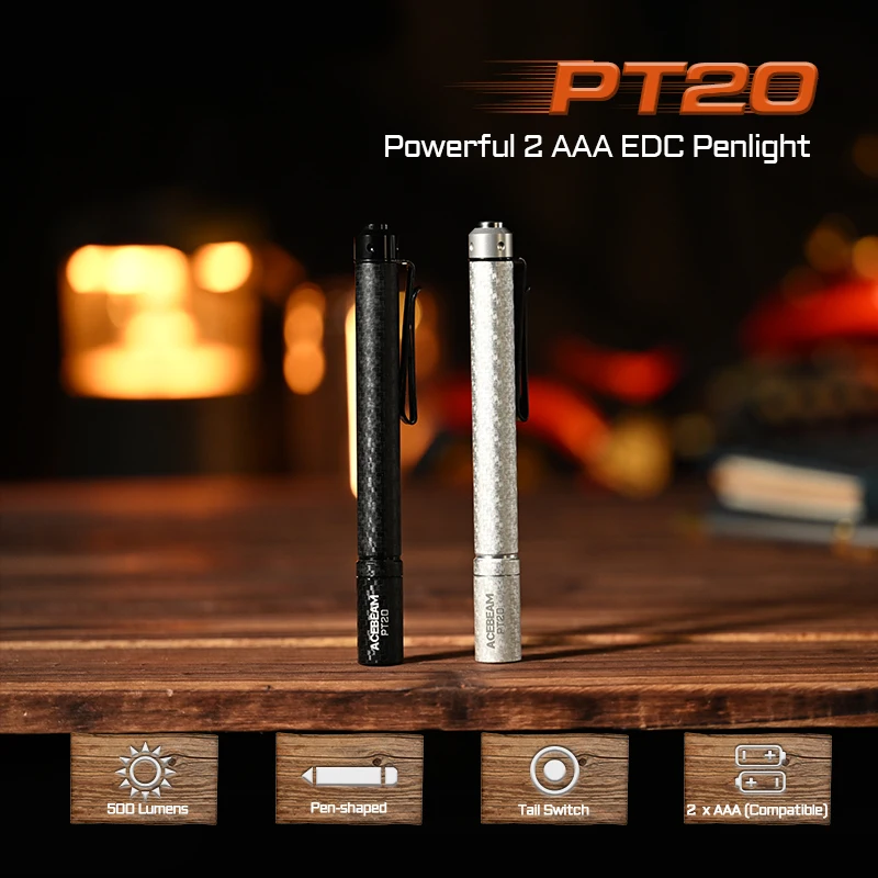 ACEBEAM PT20 penlight compacto EDC lanterna 500 lumens 80 metros compatível com 2 pilhas AAA 3 nível de brilho tocha diária