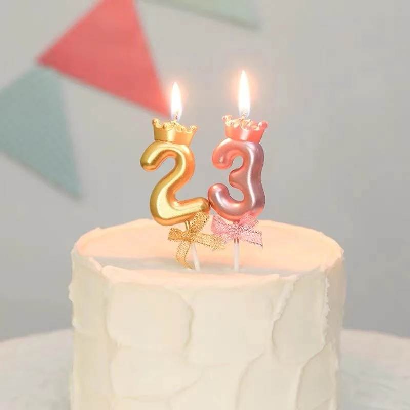 Cute Crown Number Candles with Bow Champagne Gold Silver Pink Children Birthday Cake 0-9 Candle Inserts Dessert Table Decoration