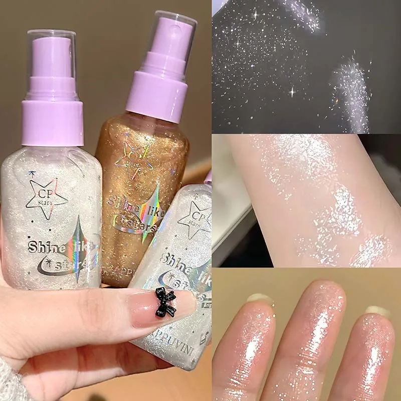 Płynny rozświetlacz w sprayu, brokatowy puder do konturowania twarzy, rozświetlający spray do ciała, szybkoschnący kosmetyk do makijażu z brokatem.