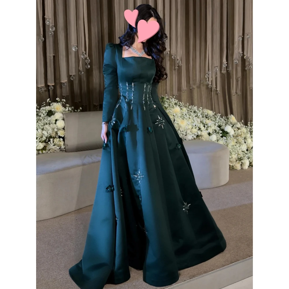 

Синее вечернее платье павлина с квадратным вырезом и длинным рукавом длиной до пола, платье для выпускного вечера, модное вечернее платье трапециевидной формы с хрустальными цветами по индивидуальному заказу