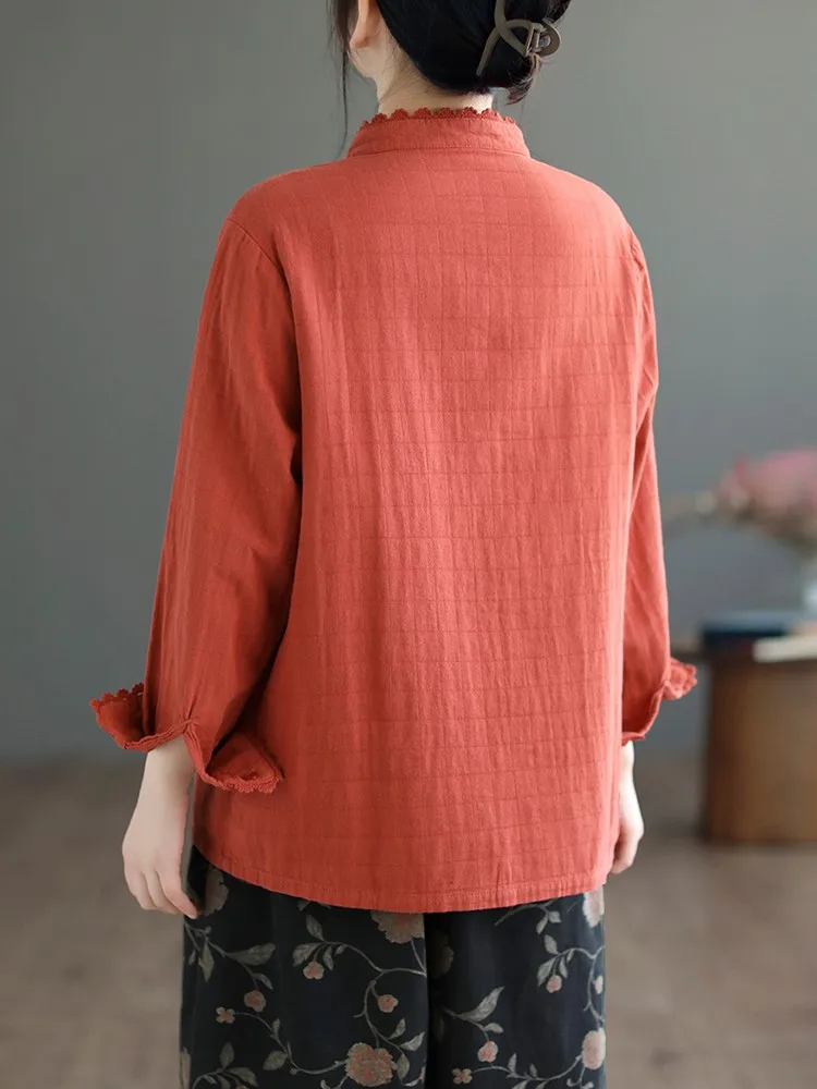 Women Long Sleeve Cotton Shirts New Arrival 2023 Spring Vintage Style Stand Collar Lace Loose Female Casual Tops Shirt B2232