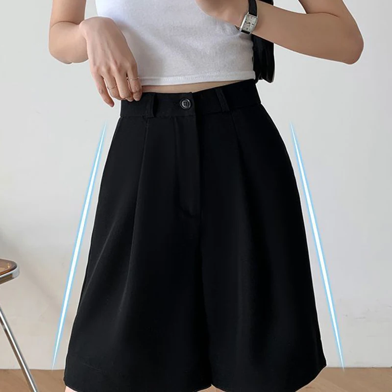 Knee Length Suit Shorts for Women Summer Thin High Waisted A-Line Wide Leg Pants Woman Loose Black Straight Leg Short Shorts