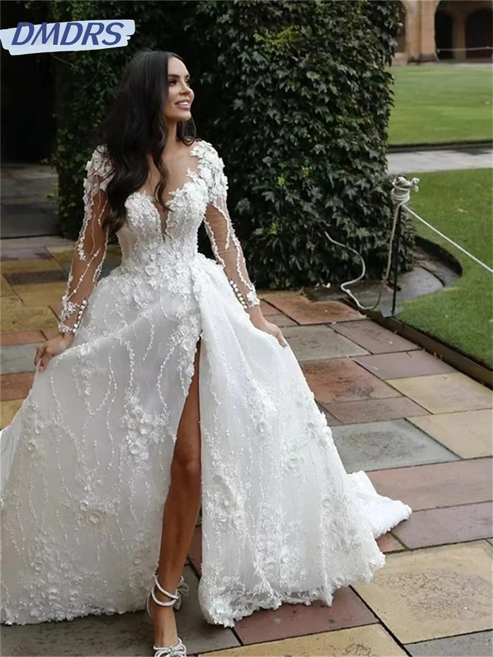 Vestido De Novia clásico con abertura lateral, prenda Sexy De manga larga con apliques románticos, hasta el suelo, 2024