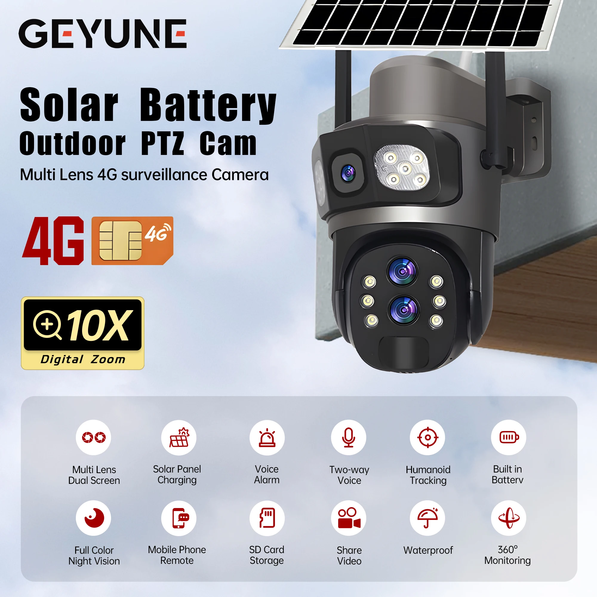 Three Lens 10X Zoom 4G Sim Solar Camera Outdoor 6K 12MP Security Surveillance Camera 360 Human Auto Tracking Solar CCTV V380 Pro