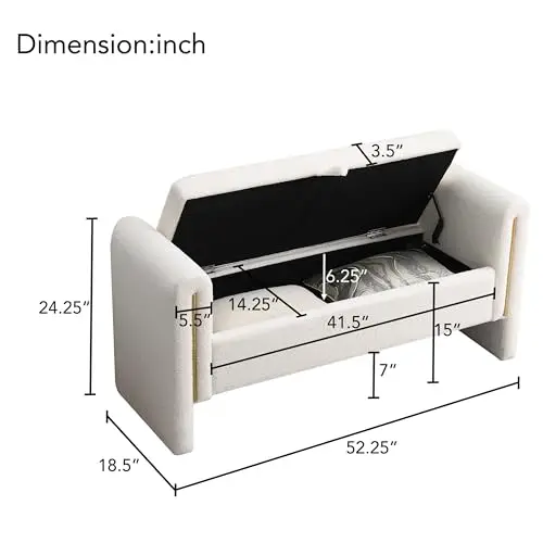 Upholstered Storage Ottoman, Teddy Fabric Bench with Solid Wood Legs, Comfortable Foot Rest Stool, Storage Bench for Bedroom
