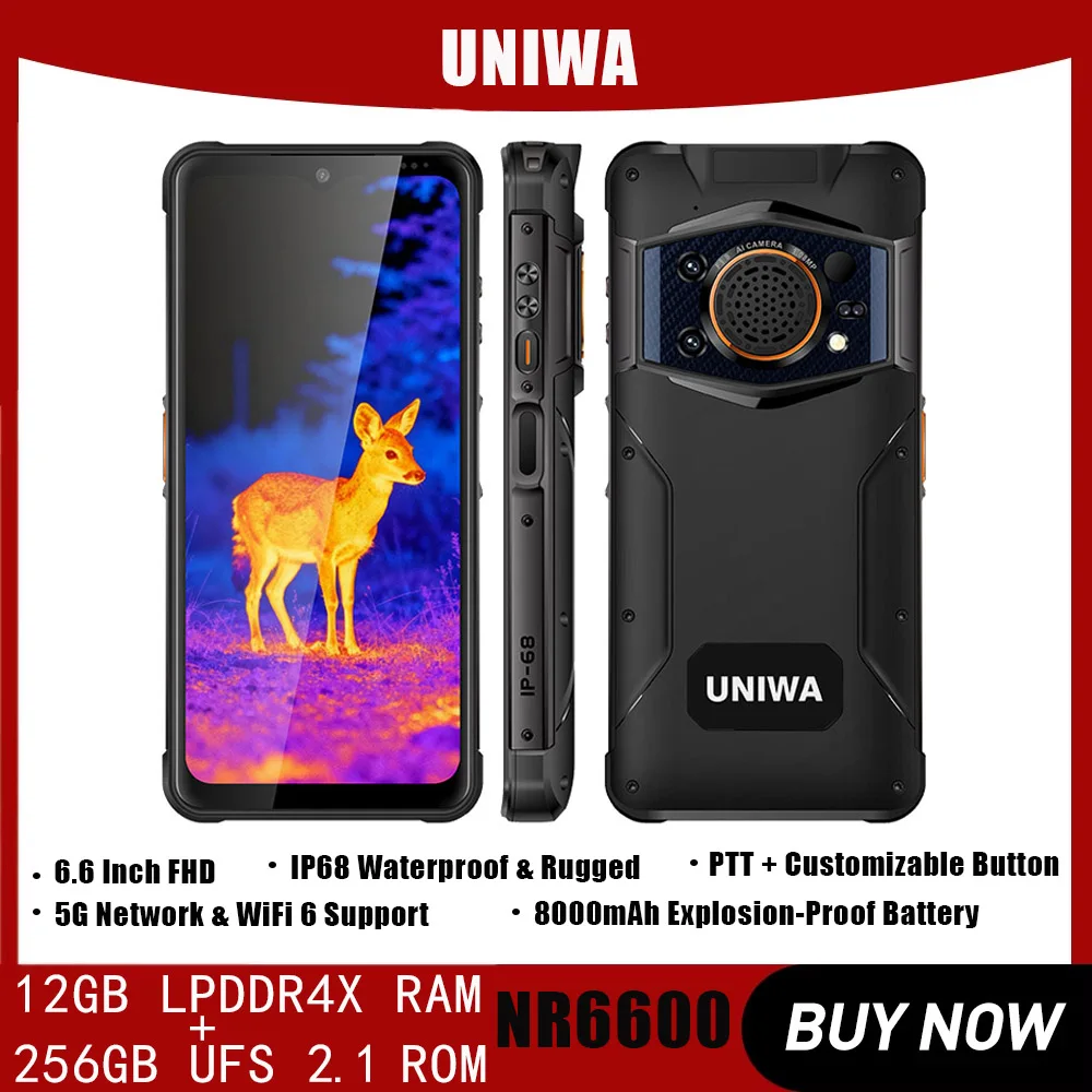 UNIWA NR6600 6.6 Inch FHD Display12GB 256GB MediaTek Dimensity Android 5G Smartphone with Thermal Imaging Camera IP68 Waterproof