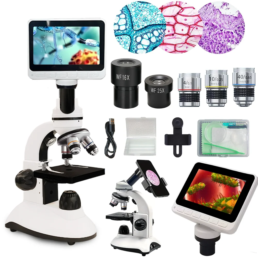 4-Inch Screen Children's Microscope with 640X Magnification, LED Light & Computer Connection for Science Education