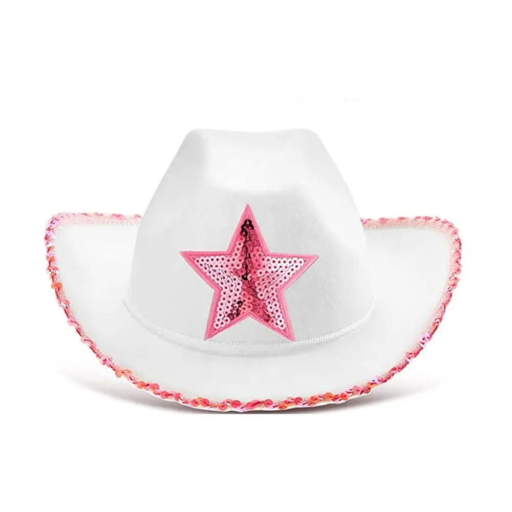 White Cowgirl Hats Pink Star Cow Girl Hat with Sequin Trim Fringe Adjustable Neck Draw String Adult Size Cowboy Hat