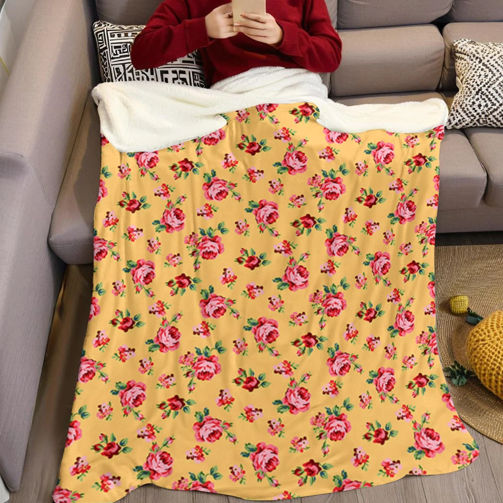 Green Pink Yellow Floral Flannel Blanket Soft Cozy Throw Blanket for Bed Sofa Couch Fuzzy Plush Bed Cover