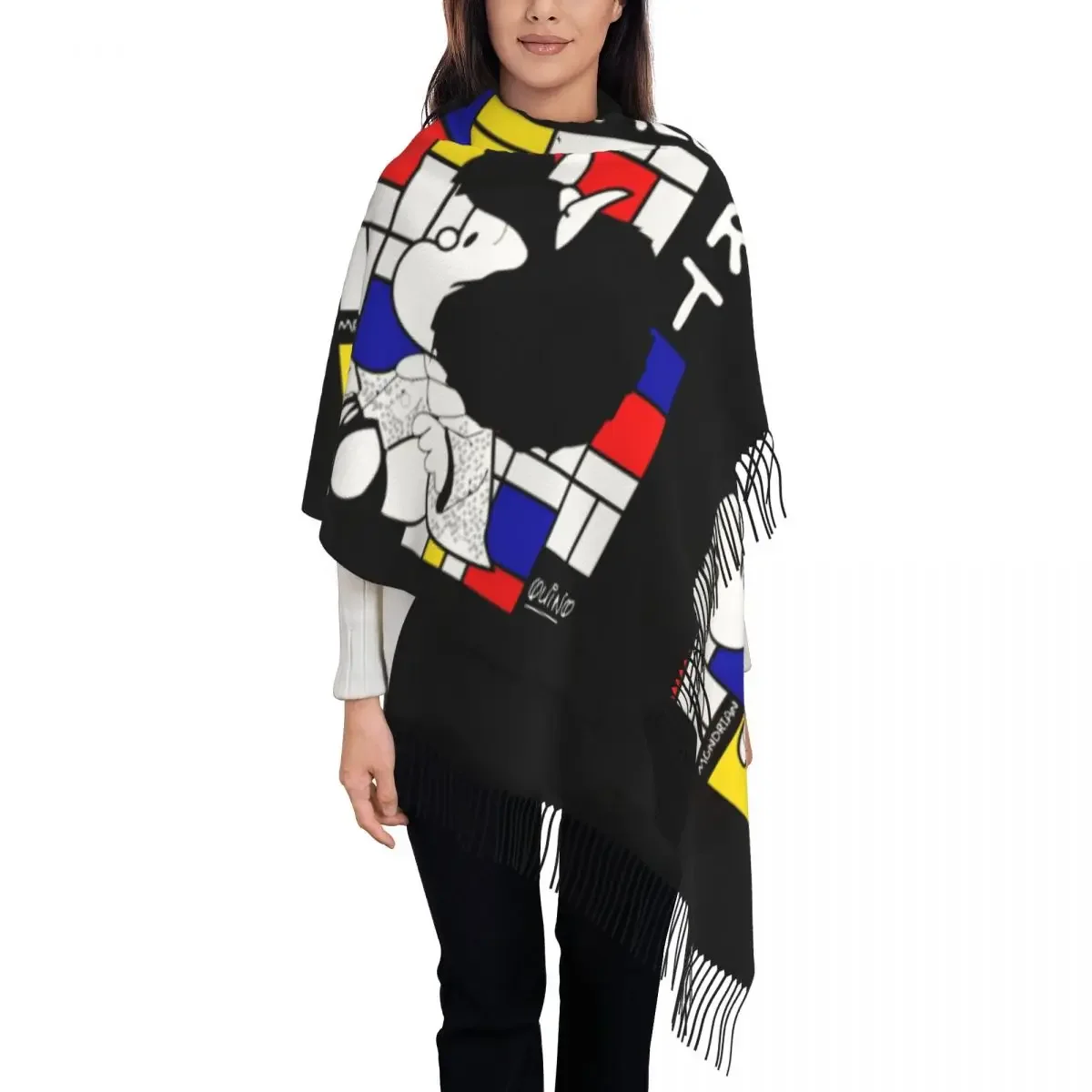 Mafalda Enjoy The Art Of Mondrian Scarf Wrap for Women Long Winter Fall Warm Tassel Shawl Unisex Scarves