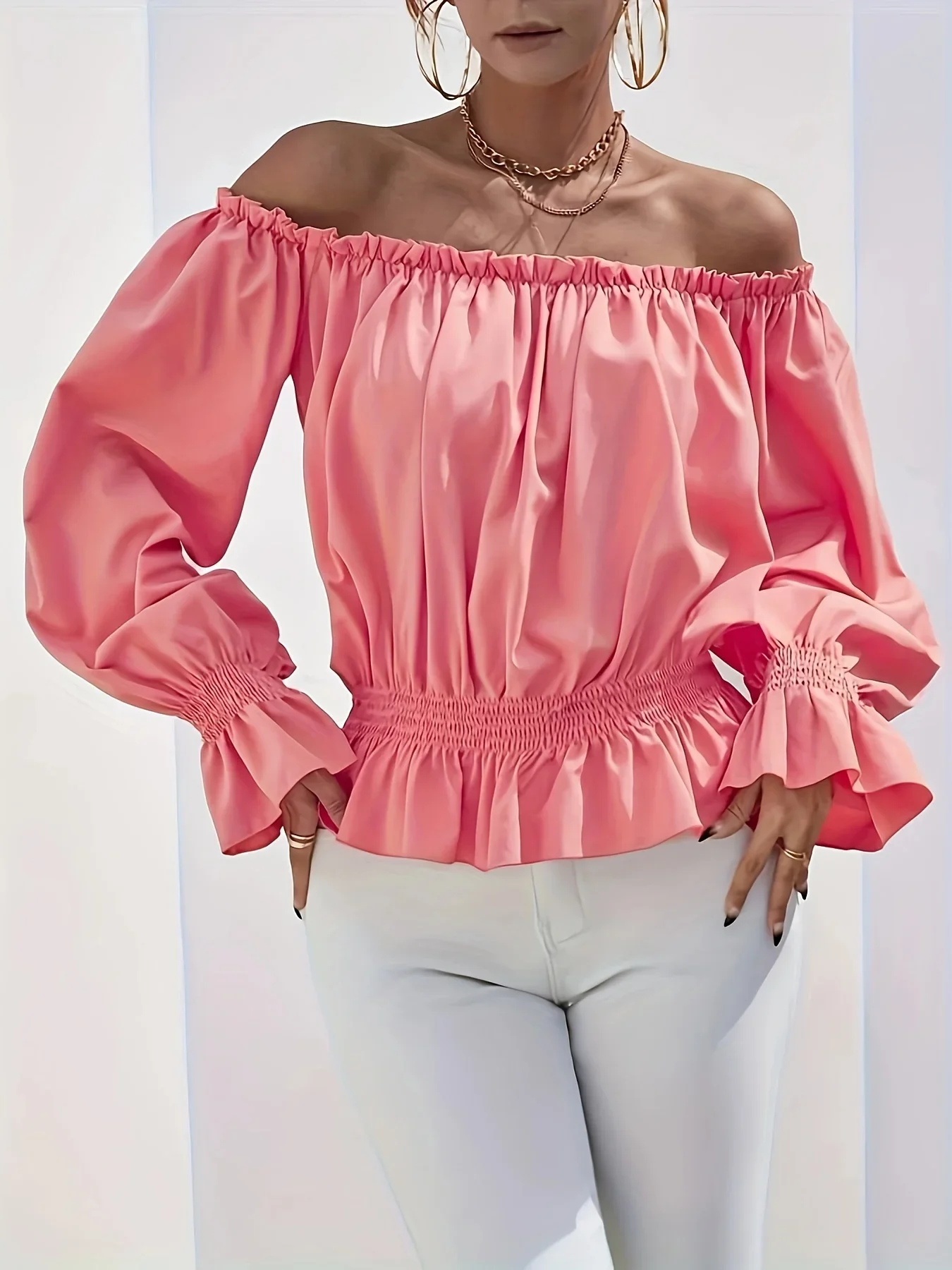 

Plus Size 1XL-5XL Women's Casual Solid Color Shirt Top Women Fashion Long Sleeved Off Shoulder Flare Sleeve Blouse Shirt Tops