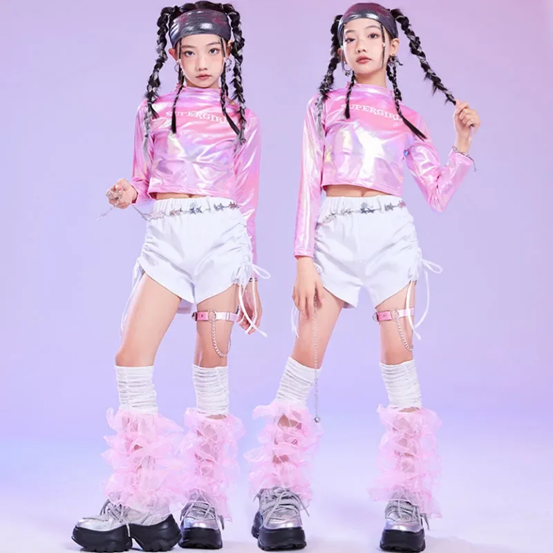 Mädchen K-pop Shiny Crop Top Street Dance Shorts Kinder Hip Hop Jazz Hot Pants Kleidung Sets Kinder Streetwear Mädchen gruppe Kostüm
