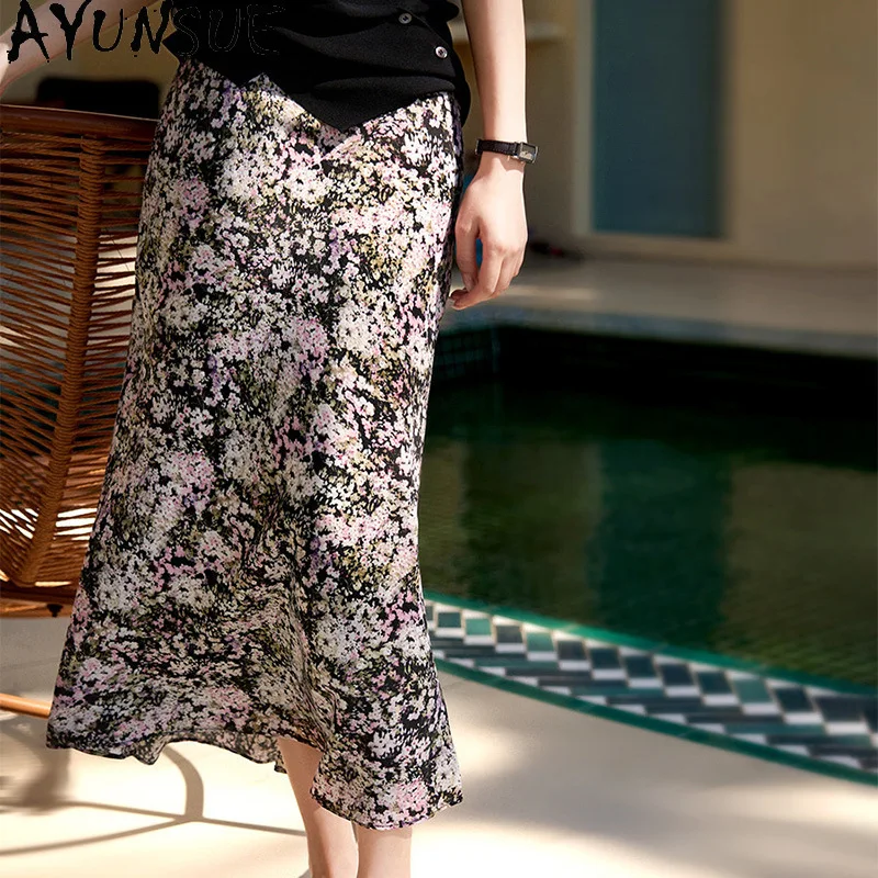 AYUNSUE 100% Silk Women's Skirts Stylish Floral Skirts for Women Vacation Style Mid-length Skirt Woman Clothes Summer Ropa Mujer