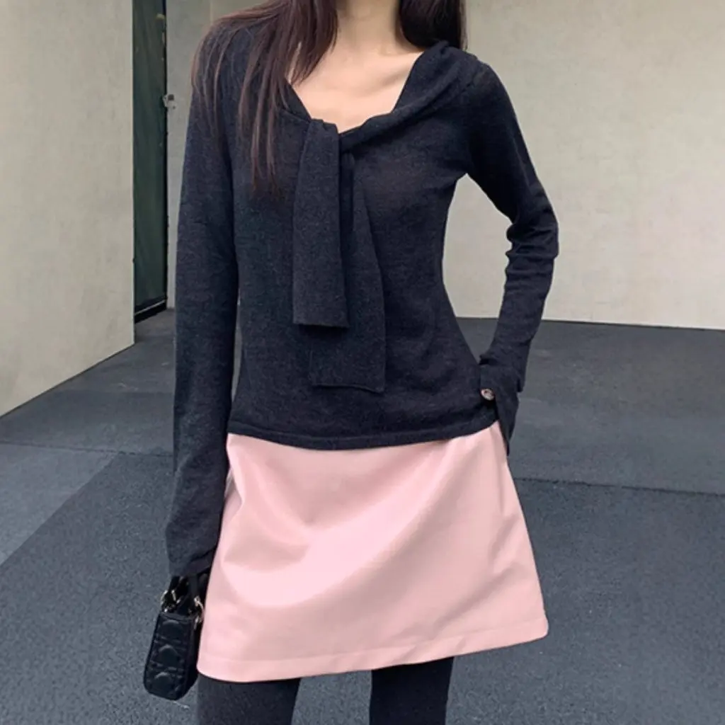 

Elegant Autumn Wool Knit Top with Big round Neck Shoulder Design Long Sleeve Lace-Up Niche Fashionable Women's Cardigan