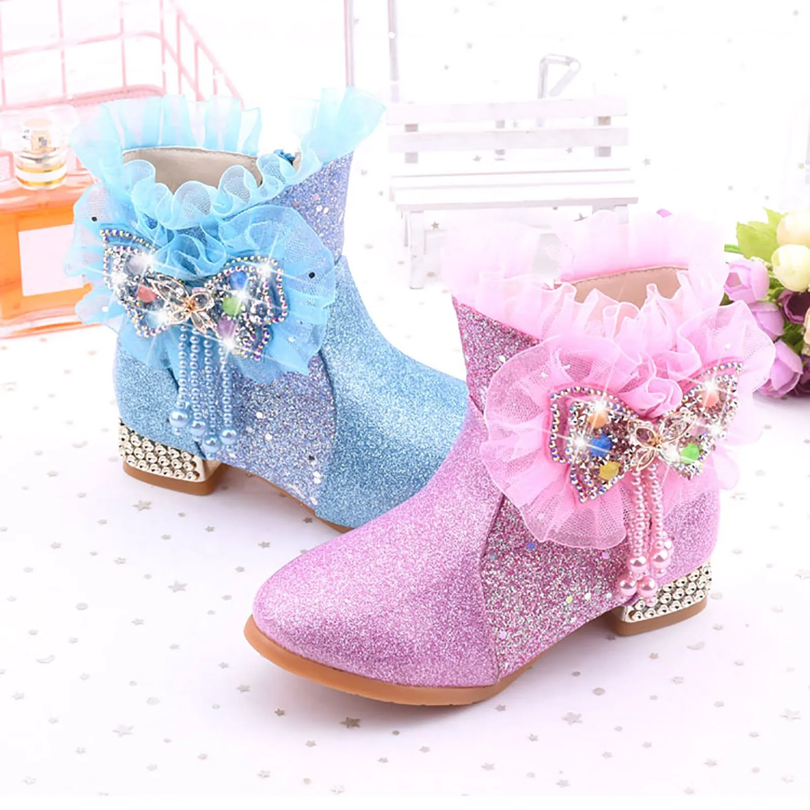 Girls Princess Boots Autumn Winter Sequins Butterfly Beading Tassel Sweet Boots Children\'s Flat Leather Shoes 2024 New Booties