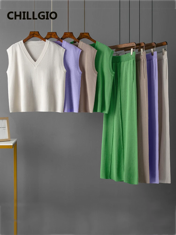 

CHILLGIO Women Knitted Suit Fashion Solid V Neck Vests Long Wide Leg Pants Elastic Autumn Casual Two Piece Knitting Sweater Set