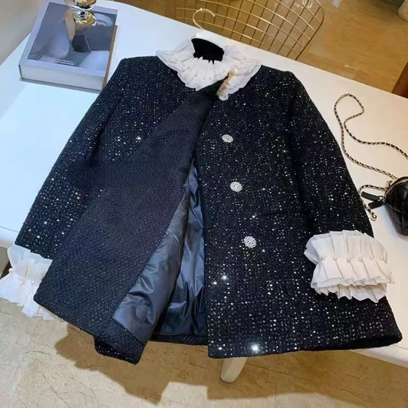 French Temperament Thickened Women Top 2025 Autumn Winter Small Fragrant Coat Sequined Wood Ear Long Sleeve Cotton-padded Jacket