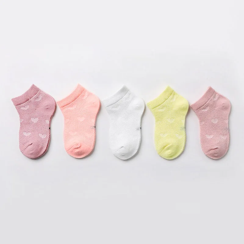 5 Pairs Girls Socks Cute Heart Pattern Mesh Breathable Soft Comfortable Baby Children Kids Ankle Socks