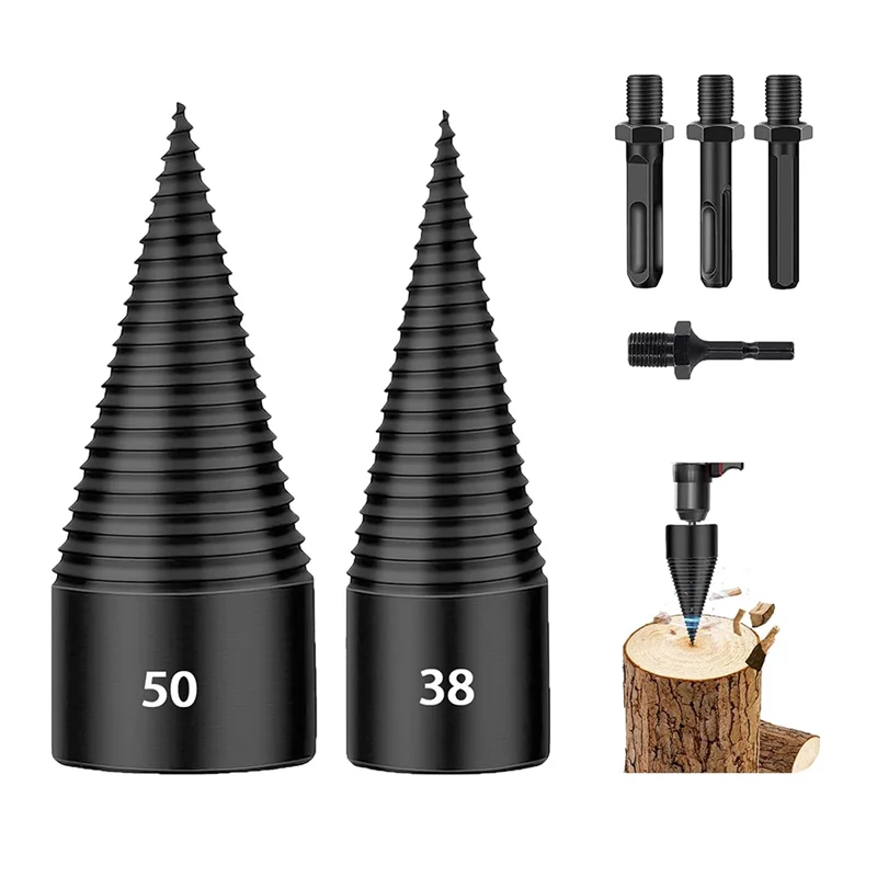 

AB15-6 PCS Firewood Log Splitter, 38Mm+50Mm Log Splitter Drill Bits, Wood Log Splitter +4 Handles