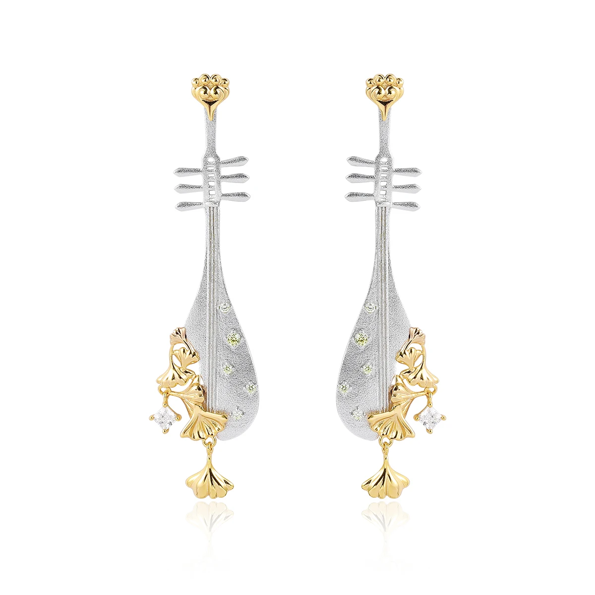 

HAIKE S925 Sterling Silver Earrings Original Apricot Leaf Pipa Style Earpin Two tone Design Advanced Fashion Personality Chinese