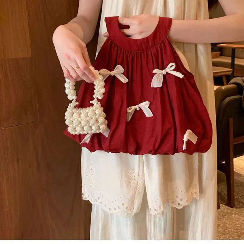 

Cute Bow Summer Fashion Childent Sweet Girls Sleeveless vest Top Tshirts+Hollowed-out Pants 2Pcs Suits Party Fashion Clothes