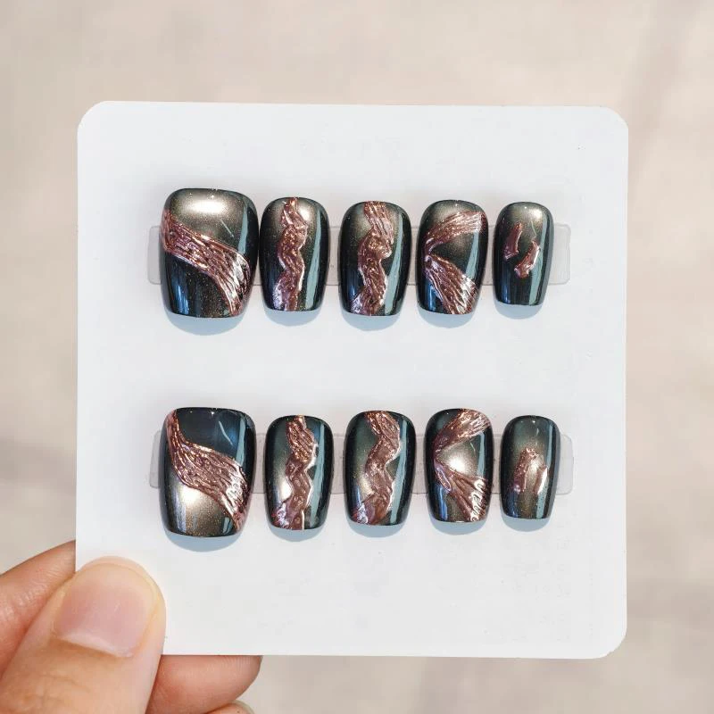 

10pcs Press On Handmade Nails Short Square Black Cat Eye Nails With Dazzling Ribbon Pink Edgy False Nails For Cool Wear