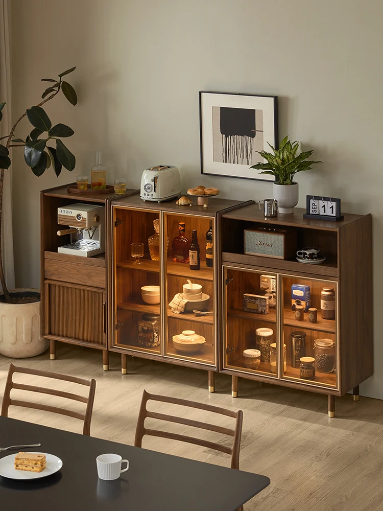 

Solid wood wine cabinet household light luxury retro black walnut storage display cabinet TV sofa side