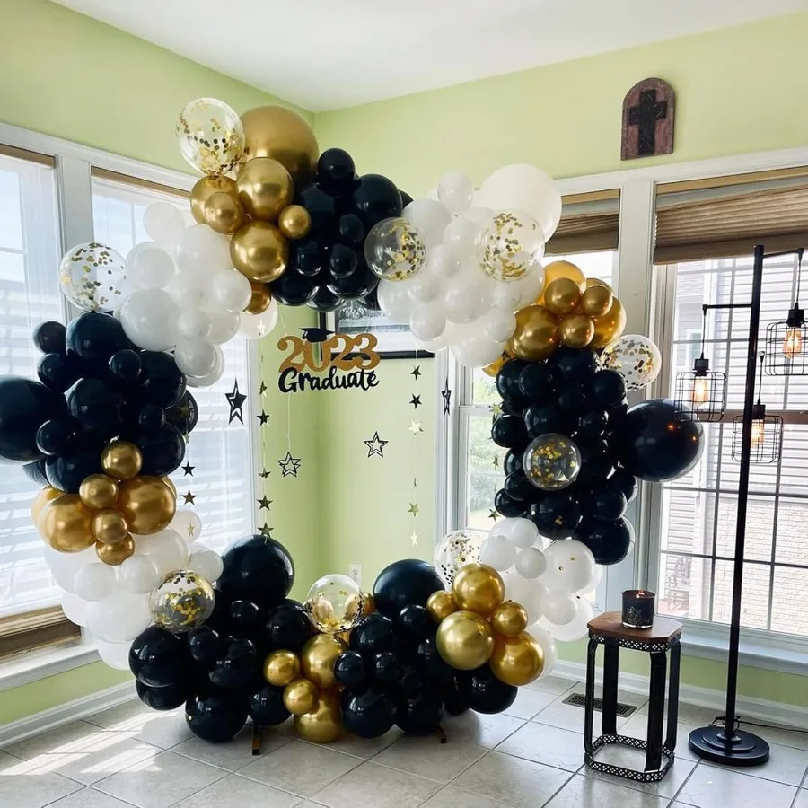 Black and Gold Balloons Garland Arch Kit 120PCS Black White Metallic Gold Balloons Arch Kit with Confetti Balloons for 2025 Gra