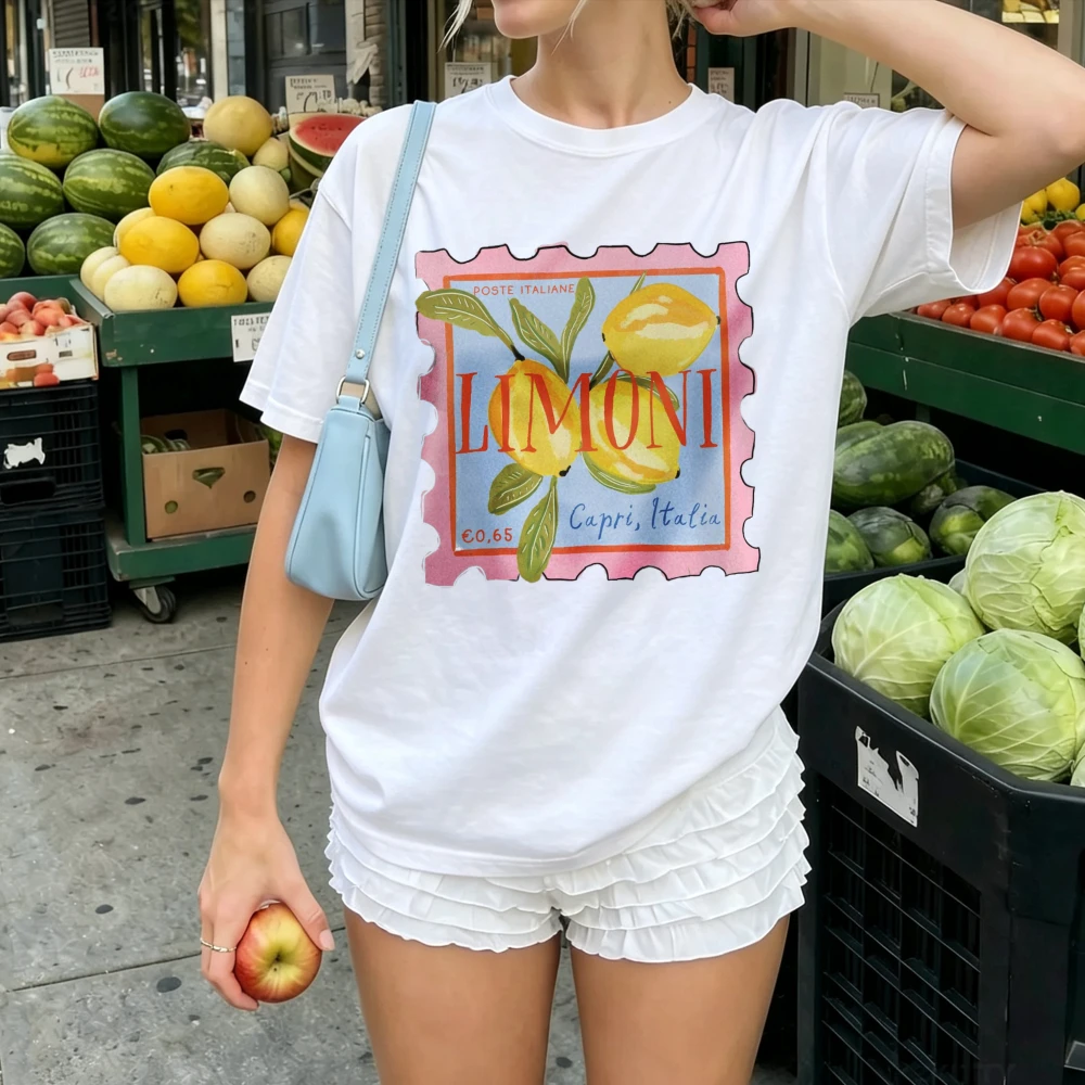 Capri Italy Limoni Lemon Stamp Watercolor Print Women Tshirt Retro Postal Stamp Aesthetic Vacation Cottagecore Cotton Casual Tee