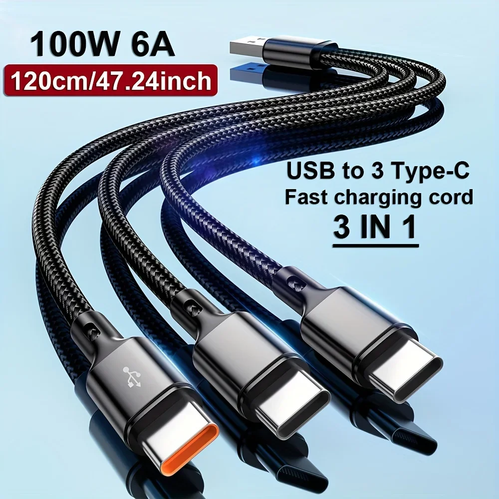 

3 In 1 USB-A to 3 ×Type-C 100W 6A Fast Charging Cable For Samsung Galacy S24 S23 Xiaomi Redmi Huawei USB C Data Transfer