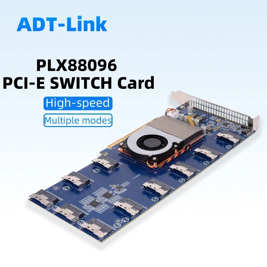 PLX88096 PCIe 4.0 Switch Expansion Card X16 SFF-8654 Riser Card 10 Ports Split To 5×X16 /10×X8 for U.2 NVMe Hard Drives