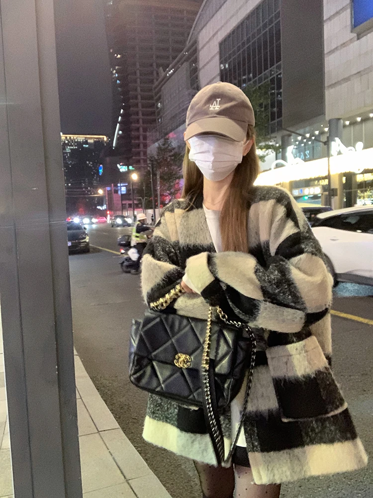 

Зимнее шерстяное пальто Aosphere средней длины в клетку с крупным квадратным узором, для повседневной носки, цельное, женская верхняя одежда